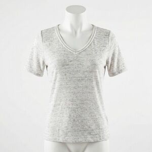 Cynthia Rowley 100% Linen Heather Grey V Neck Tee Braided Trim Medium